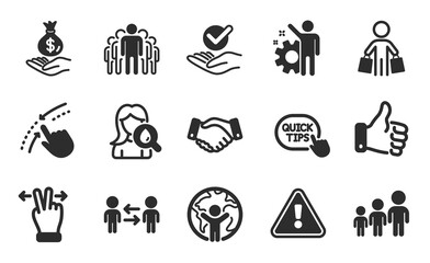Business hierarchy, Touchscreen gesture and Quick tips icons simple set. Like hand, Swipe up and Global business signs. Income money, Employee and Group symbols. Flat icons set. Vector