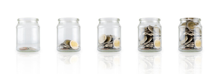 Glass jars with coins like diagram, savings concept. White isolated background