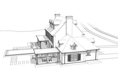 3d rendering of modern cozy classic house in colonial style with garage and pool for sale or rent with beautiful landscaping on background Black line sketch with soft light shadows on white background