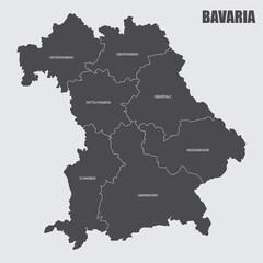 The Bavaria isolated map divided in regions with labels, Germany - obrazy, fototapety, plakaty