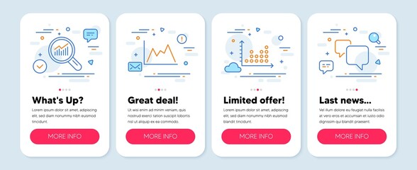 Set of Education icons, such as Diagram, Data analysis, Dot plot symbols. Mobile screen mockup banners. Speech bubble line icons. Growth graph, Magnifying glass, Presentation graph. Vector