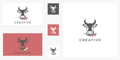 creative farm cow with flower icon logo template