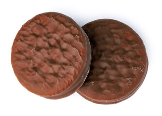 Chocolate cookies in glaze isolated on white background