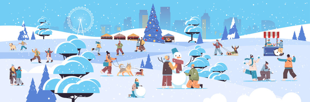 Mix Race People In Masks Having Winter Fun Men Women Spending Time In Park Outdoors Activities Coronavirus Quarantine Concept Cityscape Background Full Length Horizontal Vector Illustration