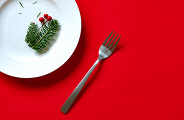 Fir branches and a plate on the table. Christmas meals, winter dining tables, winter menus, etc.  テーブルの上のモミの枝とお皿。クリスマスの食事、冬の食卓、冬のメニューなど