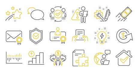 Set of Education icons, such as Approved teamwork, Verified mail, Certificate symbols. Fast payment, Column diagram, Graph chart signs. Strategy, Approved shield, Messenger. Engineering. Vector