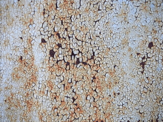 Rust.Old blue painted wall with rust spots.Textured rusty metal background. Rust stains through the cracked blue paint.