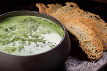 broccoli soup garnished with baguette croutons
