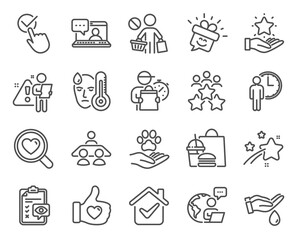 Fototapeta na wymiar People icons set. Included icon as Business meeting, Friends chat, Wash hands signs. Eye checklist, Like hand, Smile symbols. Interview job, Waiting, Search love. Pets care, Checkbox. Vector