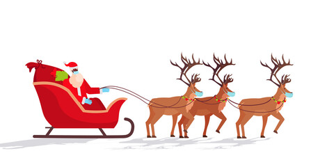 Fototapeta premium santa in mask riding sledge with reindeers happy new year merry christmas holidays celebration concept horizontal vector illustration