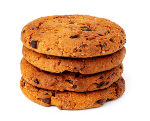Stacked chocolate chip cookies isolated on white background