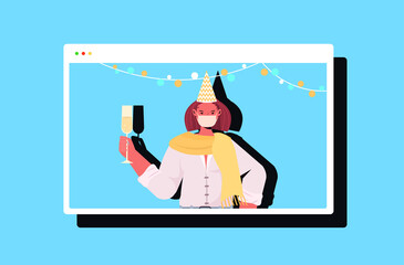 woman in festive hat drinking champagne new year christmas holidays celebration girl in web browser window having fun online communication concept horizontal portrait vector illustration