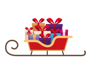 gift boxes of different colors with a red bow on a sleigh