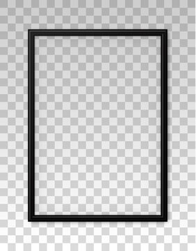 3D frame. Black frame isolated on background. Realistic modern border. Rectangular vertical boarder with shadow. Design for picture, presentation, mockup, photo, poster, restaurant menu. Vector