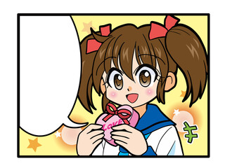 笑顔でバレンタインチョコを渡すセーラー服の少女