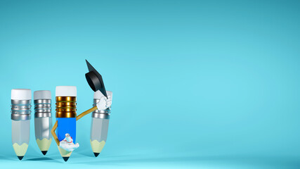 3D Rendering of pencils and graduation cap represents academic success on blue background. Realistic 3d shapes. Education concept. Come back to school.