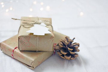 Christmas sustainable gift box with blank gift card. Christmas zero waste. A box in brown paper tied with twine, near Christmas decor, dried oranges, pine cones, light background. Eco-friendly gift 