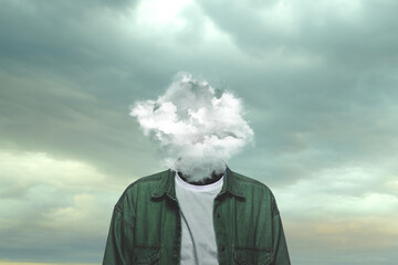 Thoughts. Male body of model with head full of smoke about sky and clouds. Trendy colours and gradient grey-white background. Contemporary art collage. Inspiration, mood, creativity, brain concept.