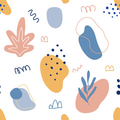 Abstract seamless pattern with hand drawn botanical and geometric shapes. Pastel natural colors.
