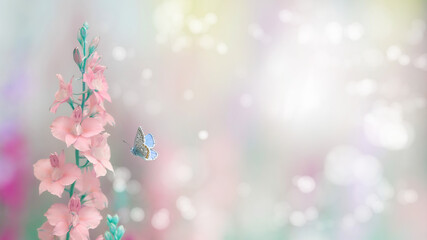 Beautiful blue butterfly in flight and branch of pink flowers in spring-summer Sunrise on pastel colorful background macro. Elegant artistic image of nature.