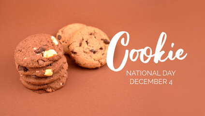 National Cookie Day stock images. Cookies on a brown background stock images. Sweet chocolate and sugar cookies images. American sweet biscuits photo. Cookie Day Poster, December 4. Important day