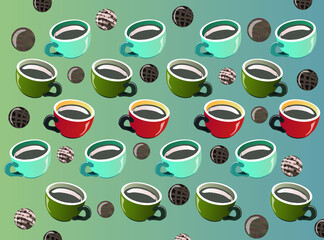 Blue and green background illustration with cups and sweets