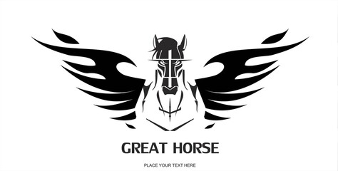 Obraz premium Pegasus Horse Head. suitable for team identity, sport club logo or mascot, insignia, embellishment, emblem, illustration for apparel, mascot, equestrian club, motorcycle community, etc.