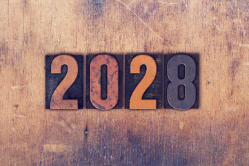 Year 2028 Written in Vintage Letterpress Block Type