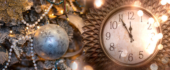 Golden New Year clock in a beautiful bokeh background. Festive background, classic clock, dark background, golden bokeh. Night background with raspberry, night view.