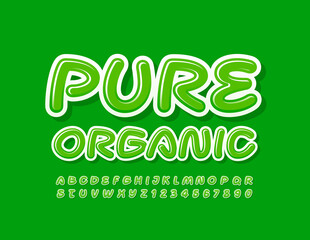 Vector eco badge Pure Organic. Green creative Font. Modern Alphabet Letters and Numbers set