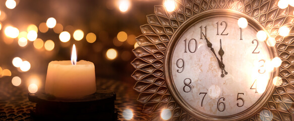 Golden New Year clock in a beautiful bokeh background. Festive background, classic clock, dark background, golden bokeh. Night background with raspberry, night view.