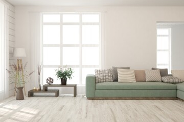 White living room with sofa. Scandinavian interior design. 3D illustration