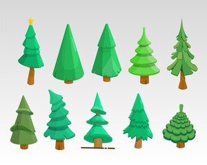 Set of 3d christmas trees, no decorations, drawn cartoon icons