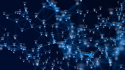 Data analysis concept. Abstract digital blue background. Big data visualization. Wave consisting of glowing particles. 3d rendering.