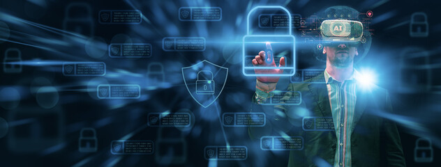 Businessman wearing vr glasses,hand touch screen holographic interface padlock,network technology prevent data theft,protection attack,internet of things or iot,hacker attack,cyber security concept