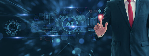 Cyber security and futuristic technology concept businessman using finger to touch fingerprint interface,to scan password,with technology icons and padlock,with artificial intelligence system or ai