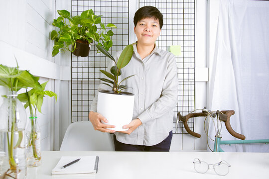 Asian cut hair hipster woman in grey shirt and brown vintage hat , Standing holding floer pot with green plant house She smiling look A camera on white interior office at home