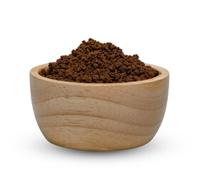 Instant coffee powder with wooden bowl isolated on white background