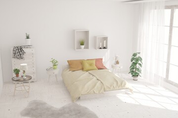 White bedroom interior. Scandinavian design. 3D illustration