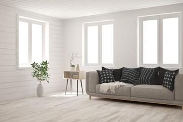 White living room with sofa. Scandinavian interior design. 3D illustration