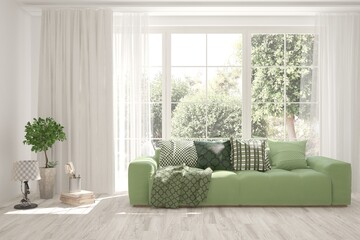 White living room with sofa and summer landscape in window. Scandinavian interior design. 3D illustration