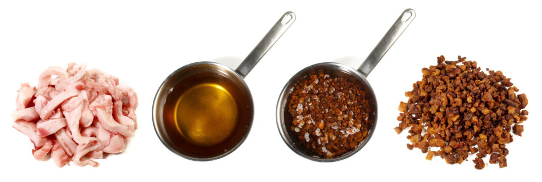 Pork Lard - Making Rendered Pig Fat with Greaves in a Pot isolated on white Background Panorama