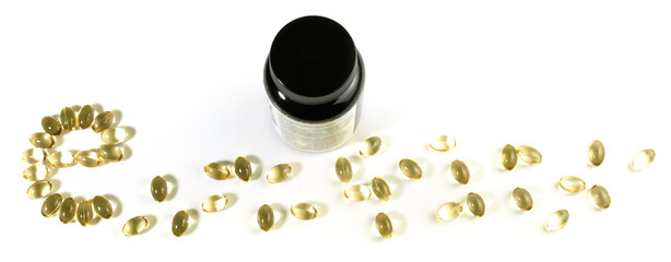 Vitamin E Supplements Panorama isolated on white Background