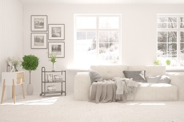 White living room with sofa and winter landscape in window. Scandinavian interior design. 3D illustration