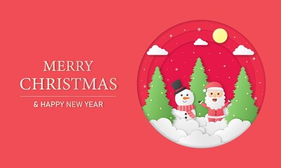 merry christmas and happy new year paper cut card with snowman and santa claus on red background. vector illustration.
