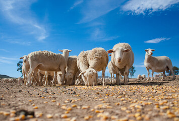 A Wide angle view close to the ground of Merino Sheep feeding corn on a farm in the Karoo in South Africa © Dewald
