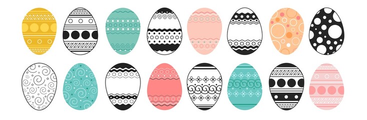 Big set of Easter eggs vector icons with pattern. Colored and black and white contour decorative elements for festive products. Traditional attribute. Flat images for the design of banners and cards.
