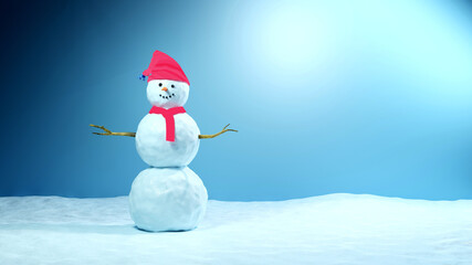 Snowman with red hat and scarf on snow in winter season on blue 
 3D rendering