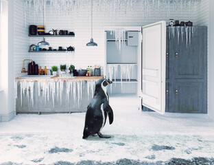 Open door fridge  and  penguin in frosen kitchen - obrazy, fototapety, plakaty