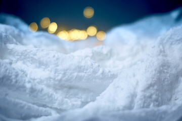 Polar night, artificial snow, beautiful Christmas background with bokeh back, good for postcard, advertisement, website, banner, empty space for text